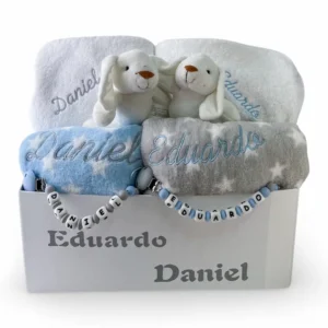 Canastilla gemelar, cesta para gemelos personalizada con el nombre de los bebés