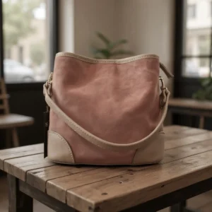 Bolso de ante y piel tipo bombonera en color topo, personalizado, Laura