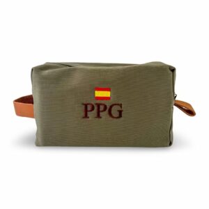 neceser de loneta y cuero personalizado con iniciales bordadas