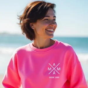 sudadera personalizada fucsia fluor y bordado mamá en pecho
