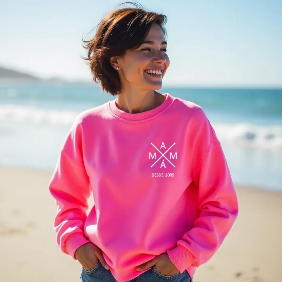 Cocholate | Sudadera personalizada mamá con logo bordado, unisex sudadera personalizada para mama en rosa fluor con detalle de logo y fecha nacimiento