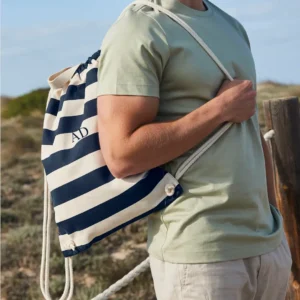 mochila de playa de rayas azules personalizada con iniciales o nombre