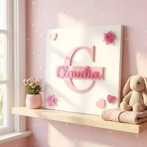 Cuadro personalizado inicial y nombre bebe de madera y metacrilato