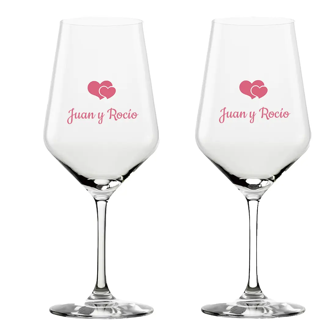 Copas de vino personalizadas para parejas grabadas a laser en color rojo